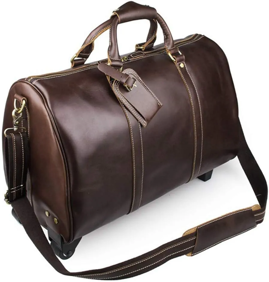 Luggage Leather Trolley Bag, Wheeled Travel Duffel Bag, Large-Capacity Travel Garment Bags, Waterproof Duffle Bags for Men, Best Weekend Bag