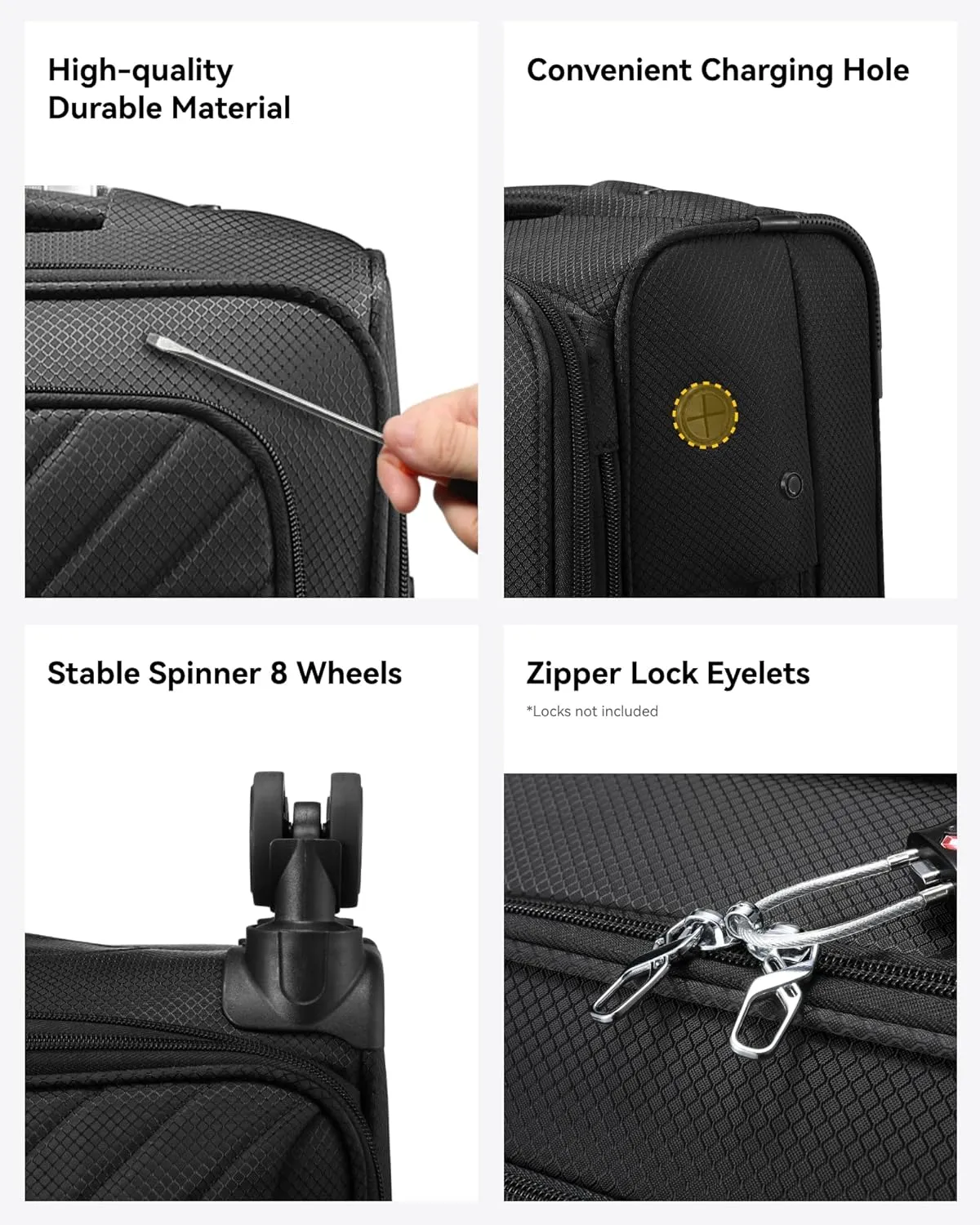 LUGGEX Carry On Luggage 20 inch Expandable, Rolling Suitcases with Spinner Wheels Softside, Lightweight (Black)