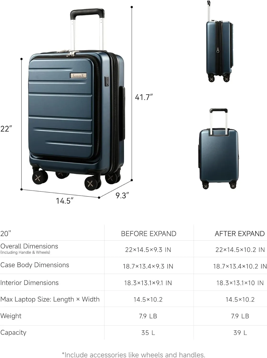 LUGGEX Carry On Luggage 22x14x9 Airline Approved, Expandable Polycarbonate Suitcase with Front Pocket (Blue, 20 Inch, 35L)