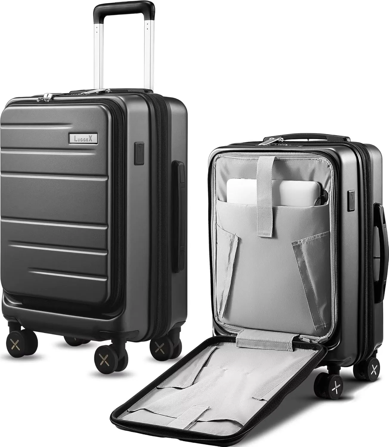 LUGGEX Carry On Luggage 22x14x9 Airline Approved, Expandable Polycarbonate Suitcase with Front Pocket (Charcoal Metallic, 20 Inch, 35L)