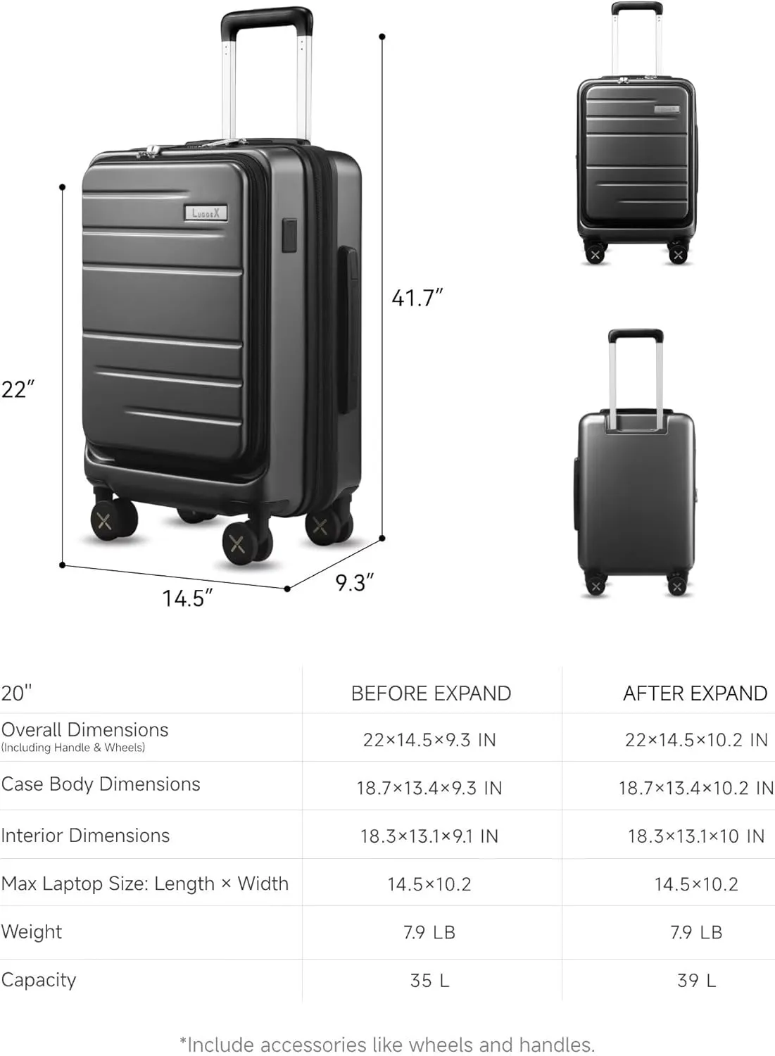 LUGGEX Carry On Luggage 22x14x9 Airline Approved, Expandable Polycarbonate Suitcase with Front Pocket (Pink, 20 Inch, 35L)
