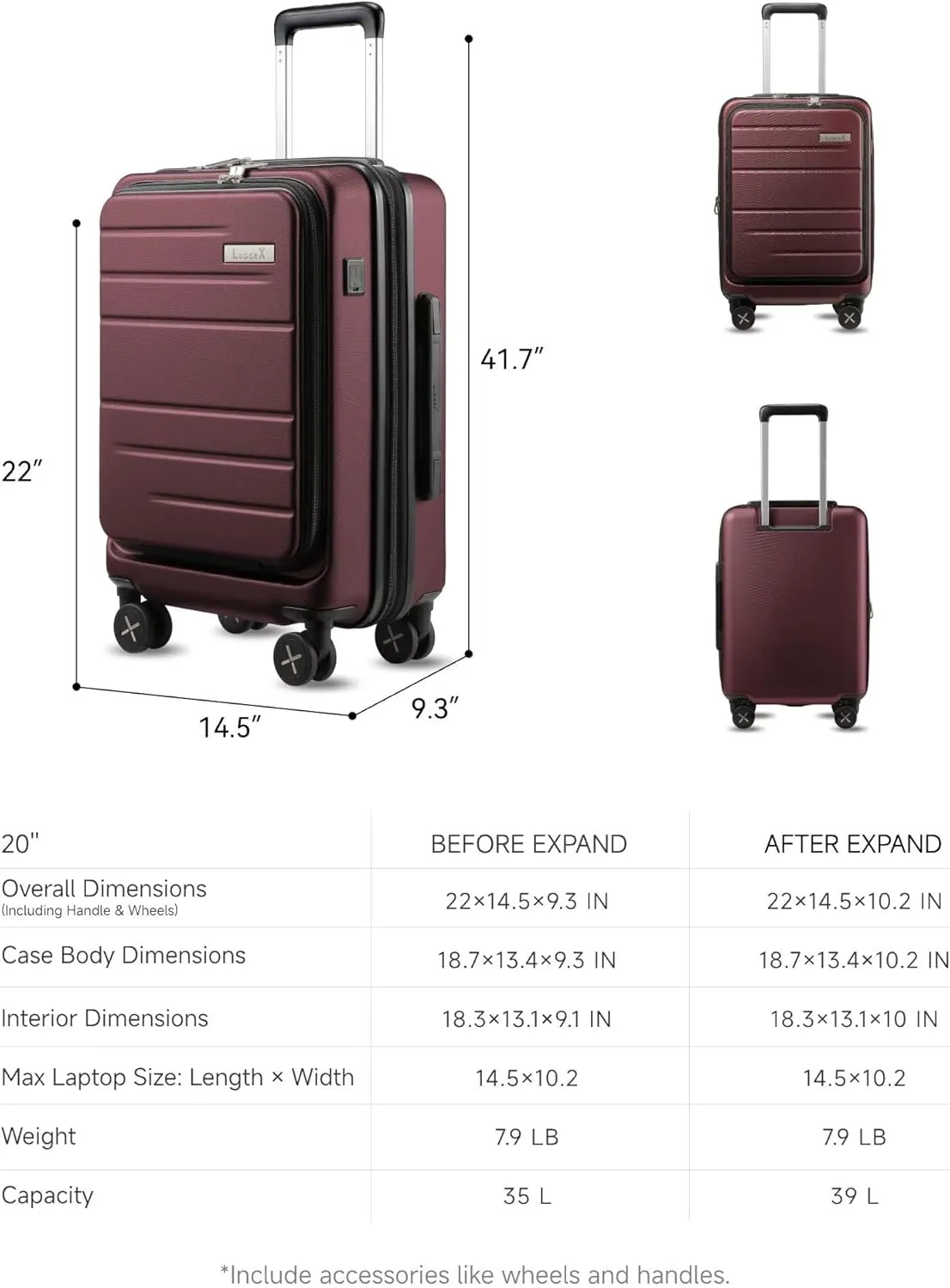 LUGGEX Carry On Luggage 22x14x9 Airline Approved, Expandable Polycarbonate Suitcase with Front Pocket (Red, 20 Inch, 35L)