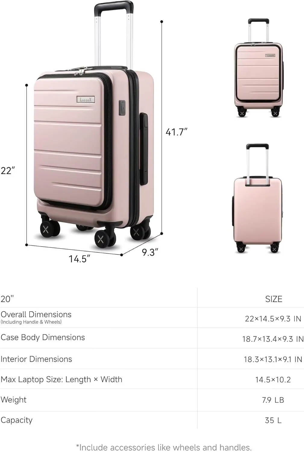 LUGGEX Carry On Luggage 22x14x9 Airline Approved, Polycarbonate Hard Suitcase with Front Pocket (Pink, 20 Inch, 35L)