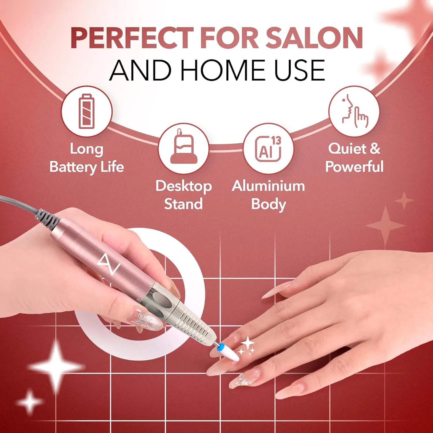 M Max - Nail Drill Professional - 2-in-1 Brushless Motor Nails Drill Machine - Electric, Cordless, Aluminium Alloy Casing, 35000 RPM, HD Display - Perfect for Salon & Home Use (Rose Gold)