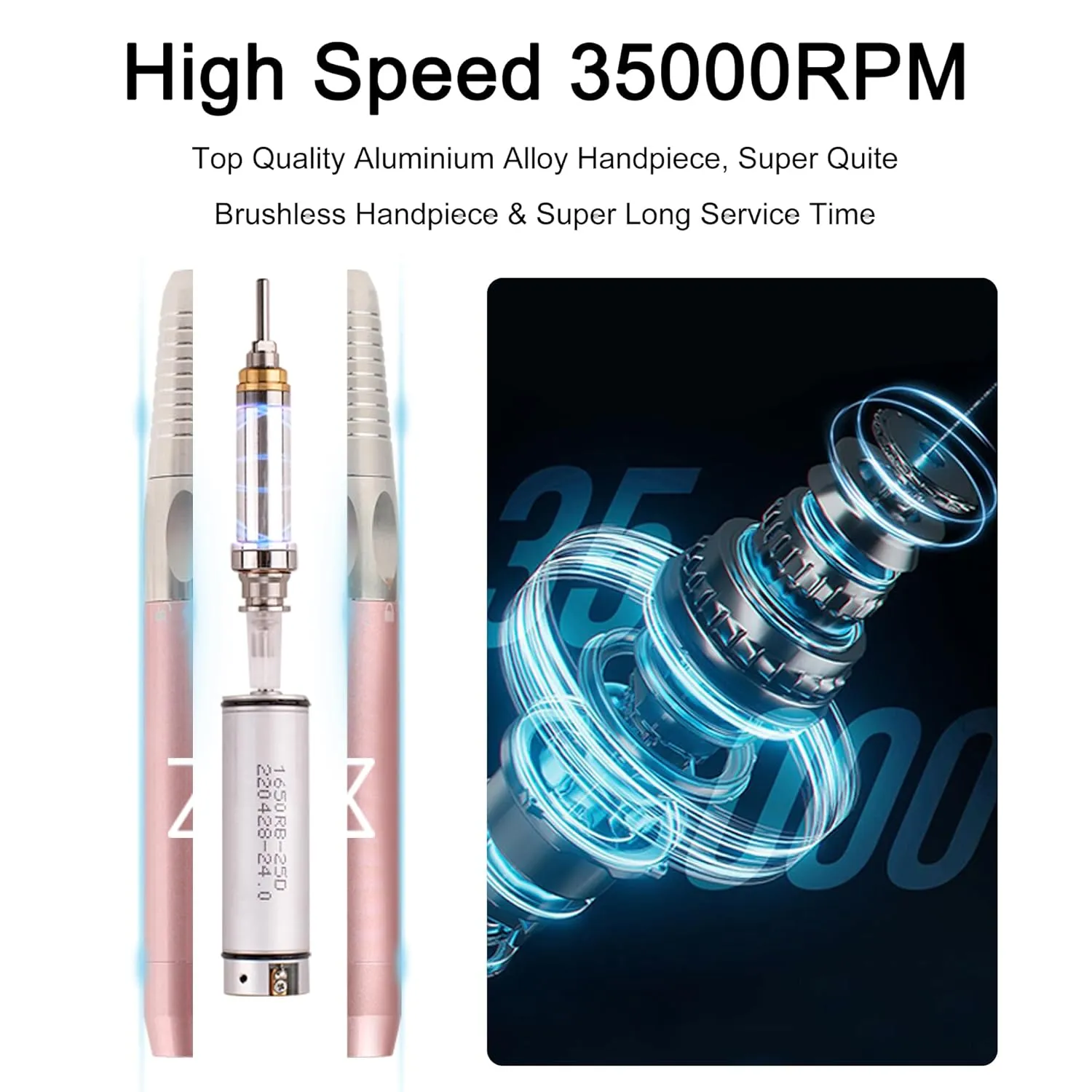 M Max - Nail Drill Professional - 2-in-1 Brushless Motor Nails Drill Machine - Electric, Cordless, Aluminium Alloy Casing, 35000 RPM, HD Display - Perfect for Salon & Home Use (Rose Gold)
