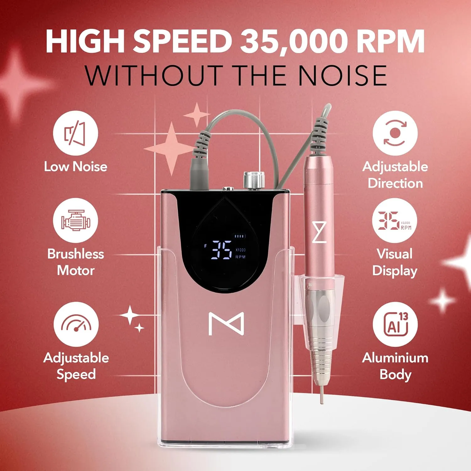 M Max - Nail Drill Professional - 2-in-1 Brushless Motor Nails Drill Machine - Electric, Cordless, Aluminium Alloy Casing, 35000 RPM, HD Display - Perfect for Salon & Home Use (Rose Gold)