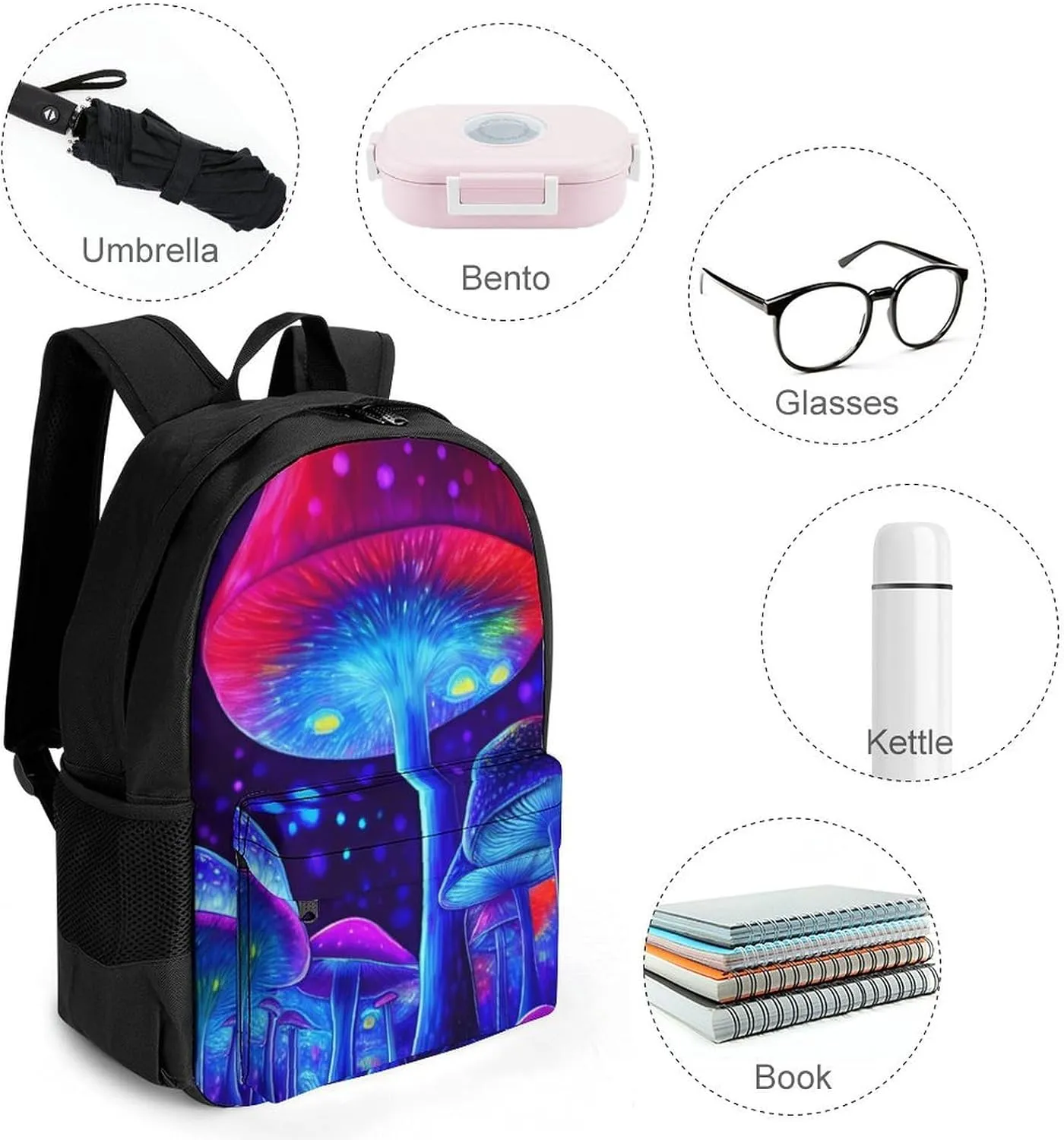 Magic Mushrooms Fairytale Mushrooms Scenery Psychedelic Art Backpack Polyester Anti-Theft Multipurpose Bookbag Large Capacity Laptop Book Bag Rucksack With Side Pockets