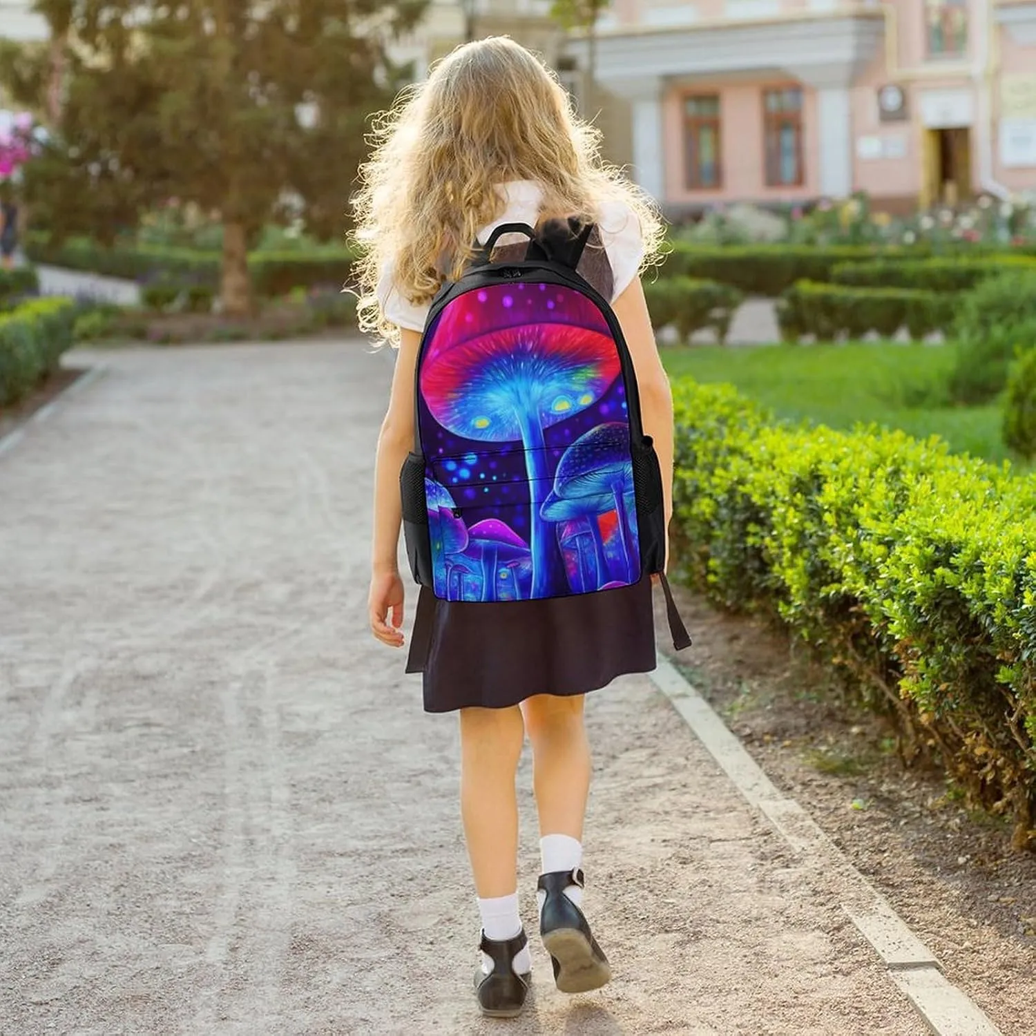 Magic Mushrooms Fairytale Mushrooms Scenery Psychedelic Art Backpack Polyester Anti-Theft Multipurpose Bookbag Large Capacity Laptop Book Bag Rucksack With Side Pockets
