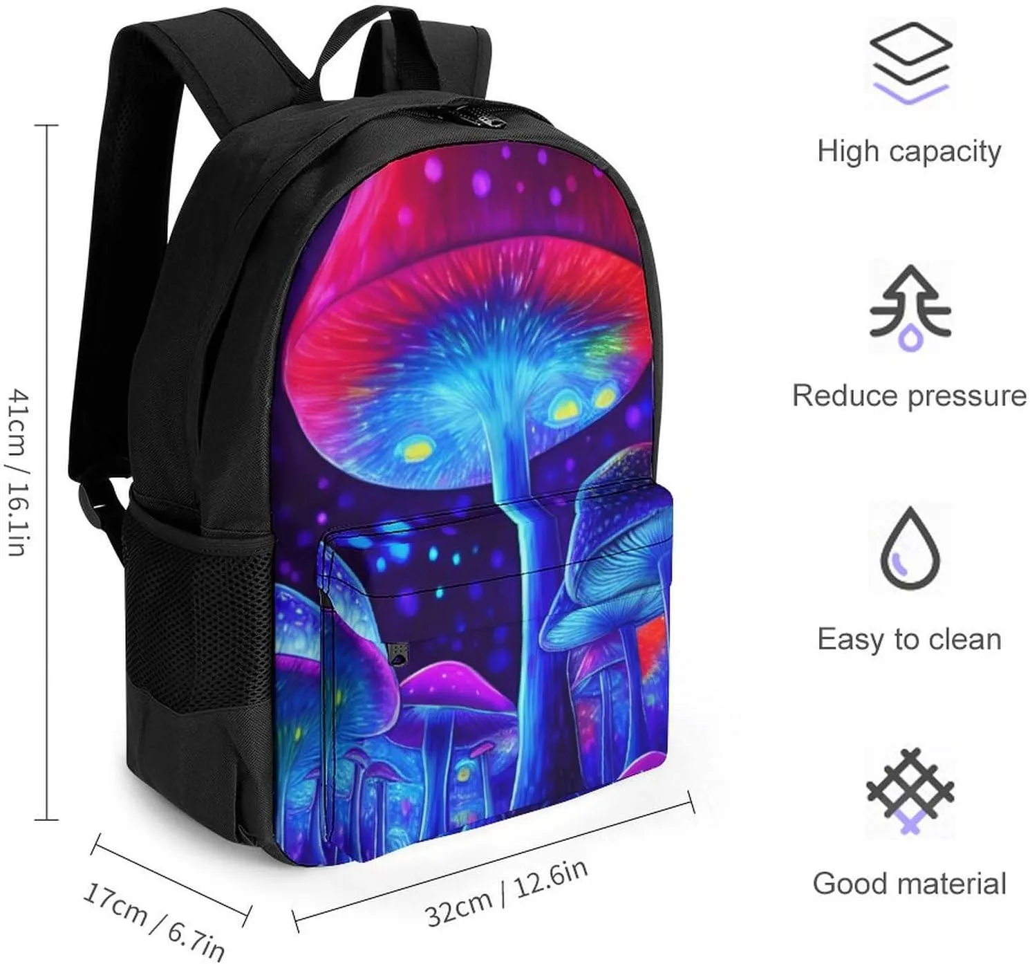Magic Mushrooms Fairytale Mushrooms Scenery Psychedelic Art Backpack Polyester Anti-Theft Multipurpose Bookbag Large Capacity Laptop Book Bag Rucksack With Side Pockets