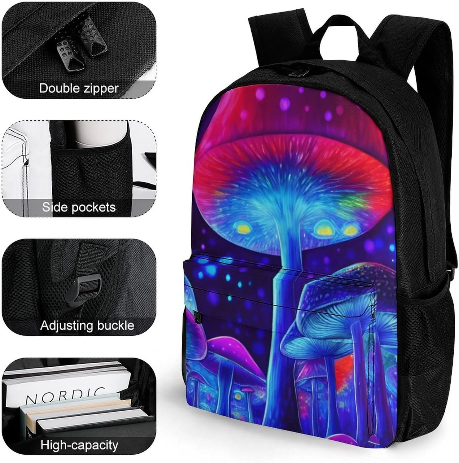 Magic Mushrooms Fairytale Mushrooms Scenery Psychedelic Art Backpack Polyester Anti-Theft Multipurpose Bookbag Large Capacity Laptop Book Bag Rucksack With Side Pockets