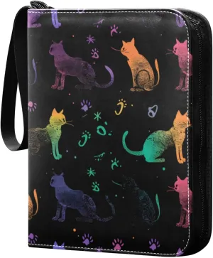 Magical Cats and Paws Colorful Card Binder 4 Pocket Trading Card Binder Portable Cards Collection Book with Zipper