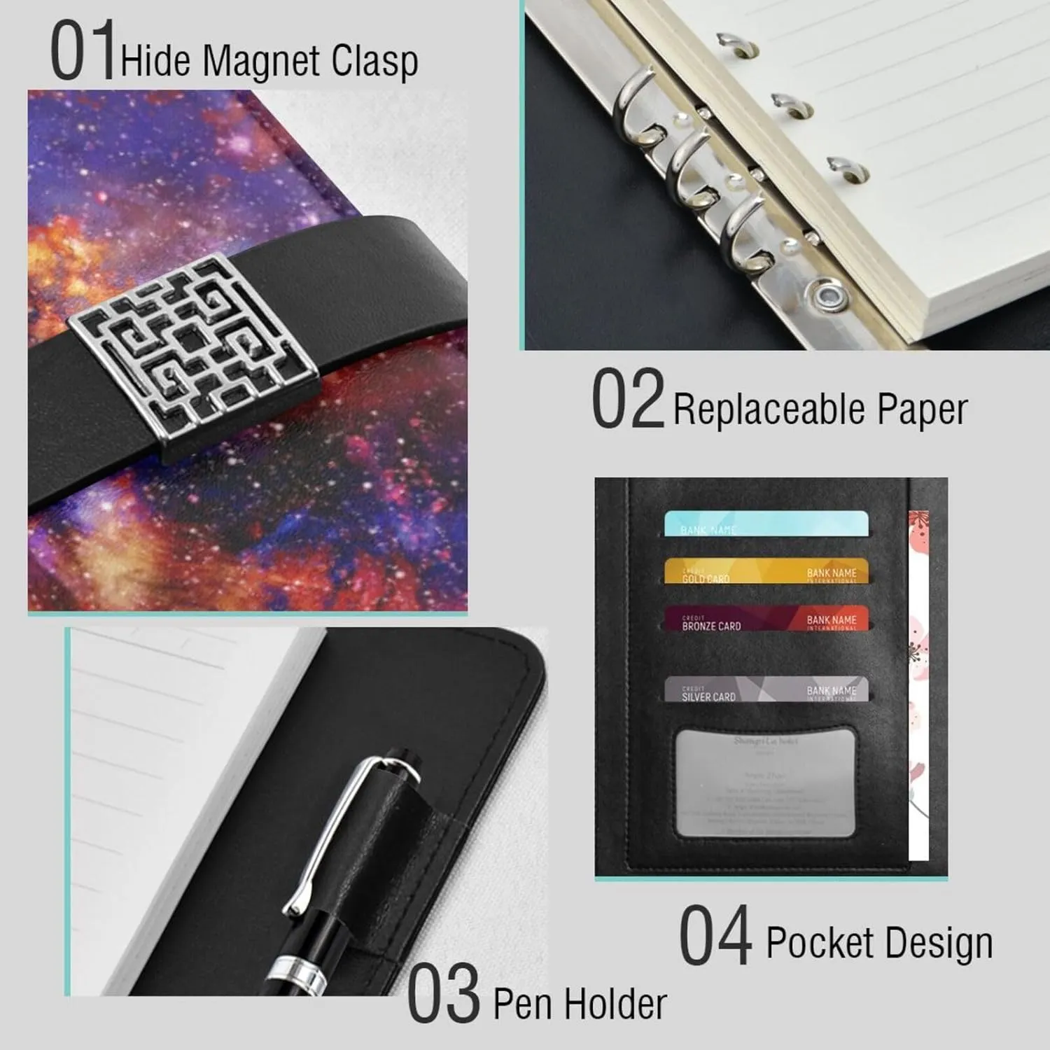 Magical Wolf A5 Binder 6 Ring Refillable PU Leather Notebook Journal with Magnetic Buckle Closure Loose Leaf Travel Office Planner Budget Binder Notepad Portfolio, Galaxy Space