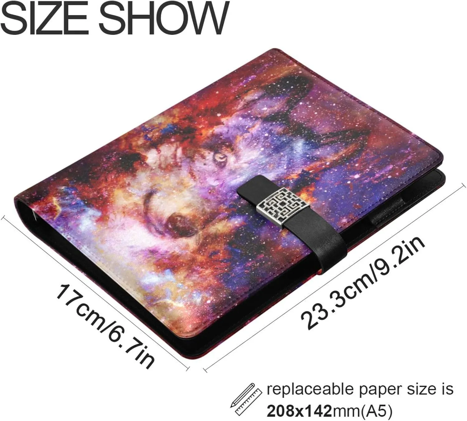 Magical Wolf A5 Binder 6 Ring Refillable PU Leather Notebook Journal with Magnetic Buckle Closure Loose Leaf Travel Office Planner Budget Binder Notepad Portfolio, Galaxy Space