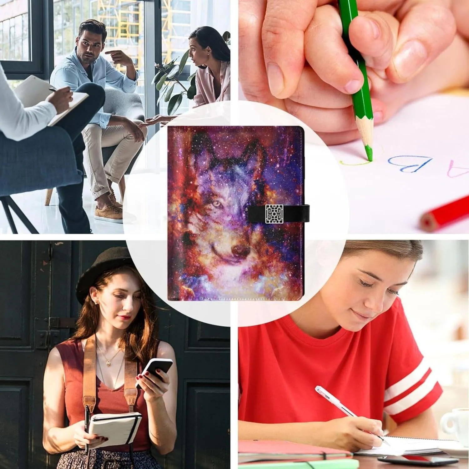 Magical Wolf A5 Binder 6 Ring Refillable PU Leather Notebook Journal with Magnetic Buckle Closure Loose Leaf Travel Office Planner Budget Binder Notepad Portfolio, Galaxy Space