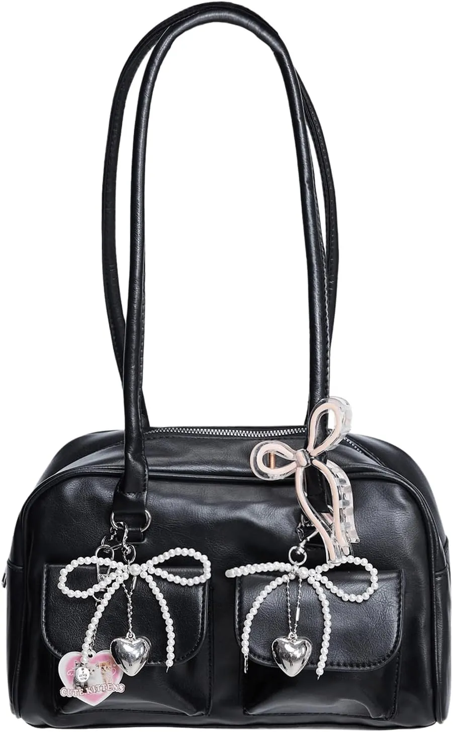 MakeMeChic Women's Bow Purse Y2K Bags with Key Chain Faux Leather Shoulder Bags Zipper Handle Handbags