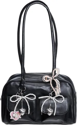 MakeMeChic Women's Bow Purse Y2K Bags with Key Chain Faux Leather Shoulder Bags Zipper Handle Handbags