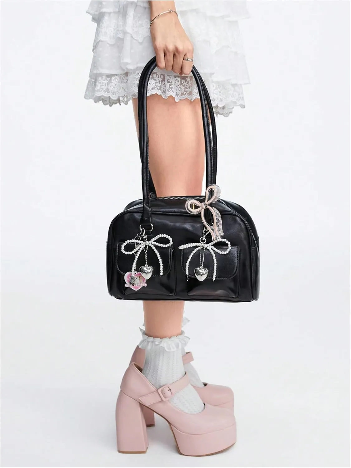 MakeMeChic Women's Bow Purse Y2K Bags with Key Chain Faux Leather Shoulder Bags Zipper Handle Handbags