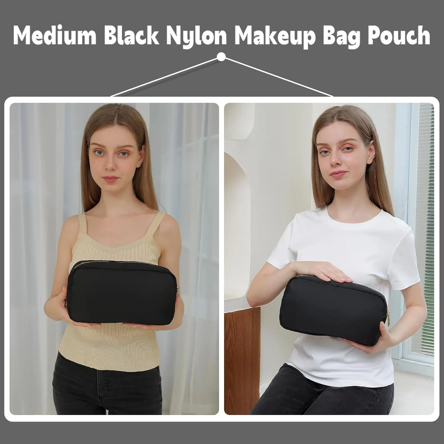 Makeup Bag for Purse Travel Size Toiletries Bag Cosmetic Pouch Bag for Women Sunscreen Bag with Zipper Pocket (Black,M)