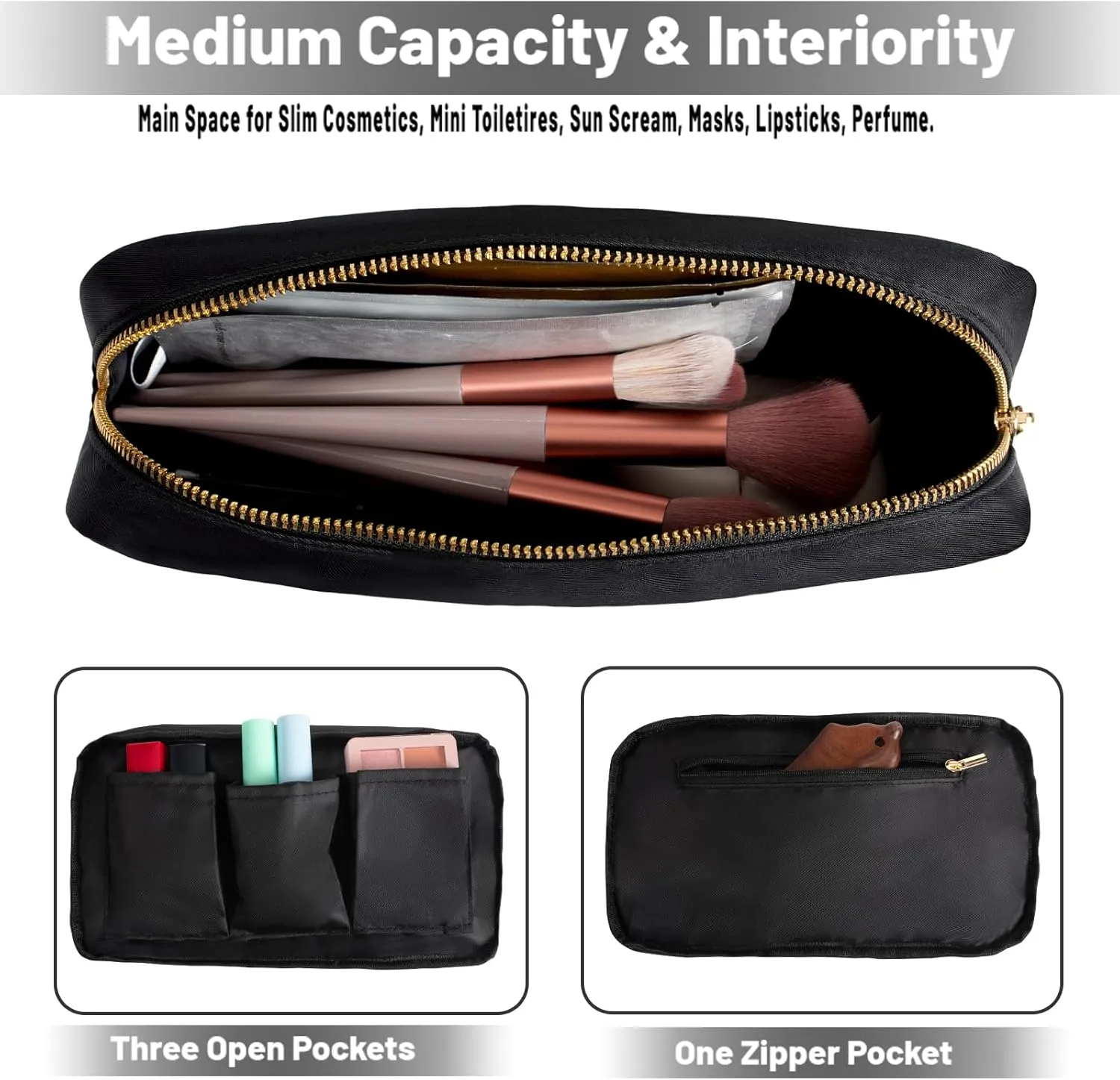 Makeup Bag for Purse Travel Size Toiletries Bag Cosmetic Pouch Bag for Women Sunscreen Bag with Zipper Pocket (Black,M)