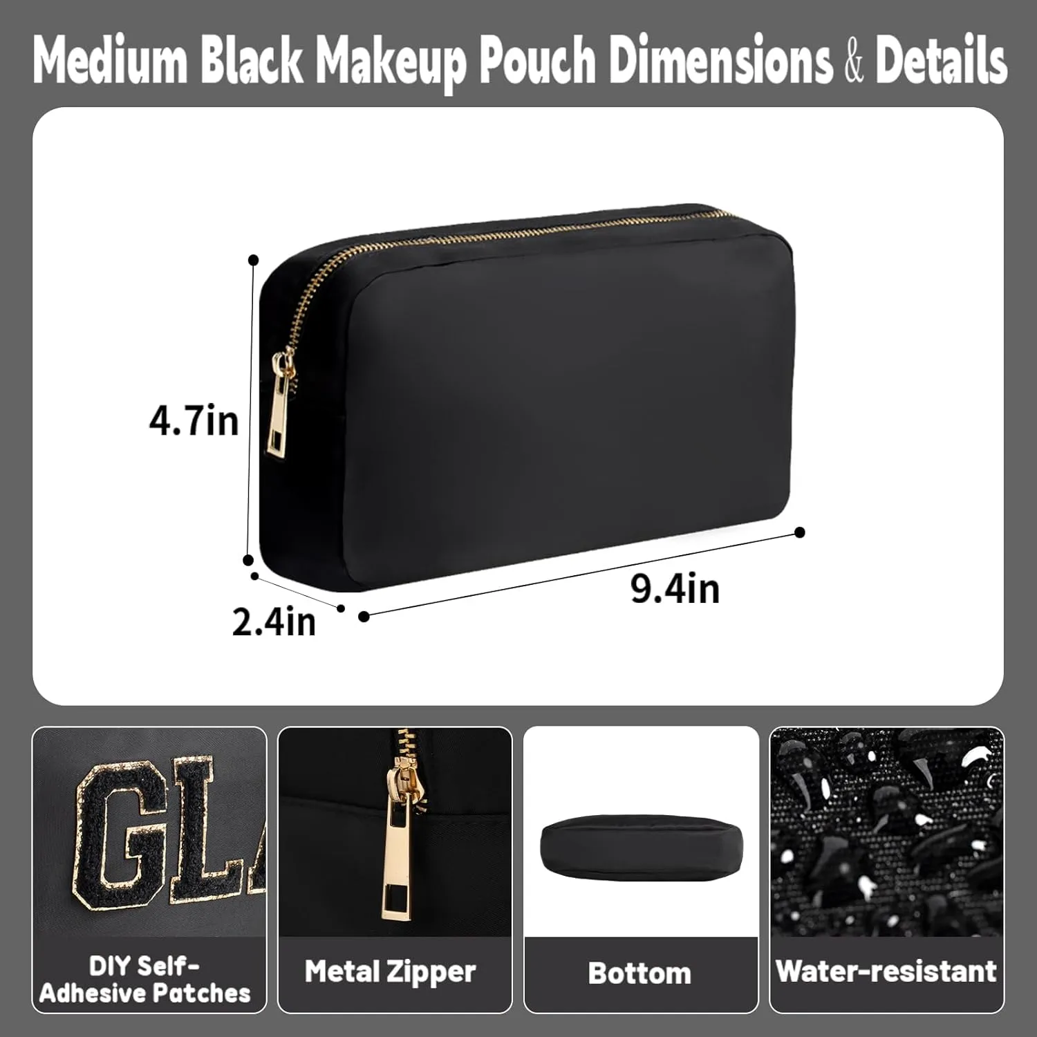 Makeup Bag for Purse Travel Size Toiletries Bag Cosmetic Pouch Bag for Women Sunscreen Bag with Zipper Pocket (Black,M)