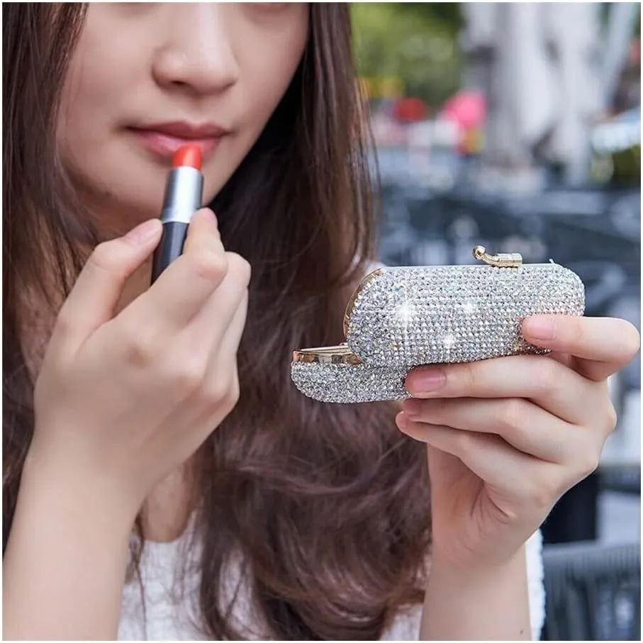 Makeup Bag with Mirror Women's Shiny Diamond Family Travel Lipstick Box, Portable Luxury Retro Mirror Lipstick Box