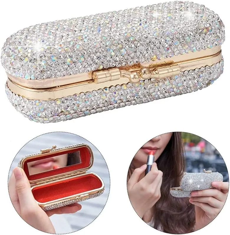 Makeup Bag with Mirror Women's Shiny Diamond Family Travel Lipstick Box, Portable Luxury Retro Mirror Lipstick Box