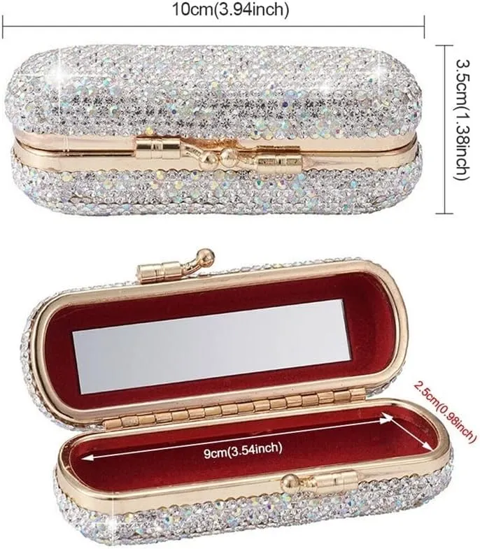 Makeup Bag with Mirror Women's Shiny Diamond Family Travel Lipstick Box, Portable Luxury Retro Mirror Lipstick Box