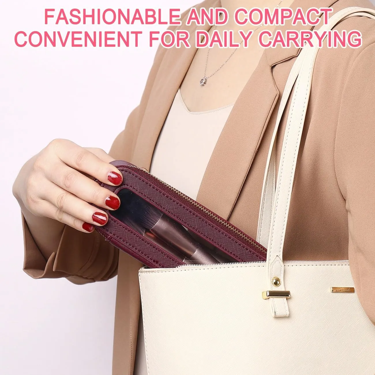 Makeup Brush Bag Slim Clear Makeup Bag Transparent Travel Cosmetic Case & Toiletry Bag with Zipper Small Beatuy Makeup Bag Purse Organizer for Women (X/Burgundy, SLIM)