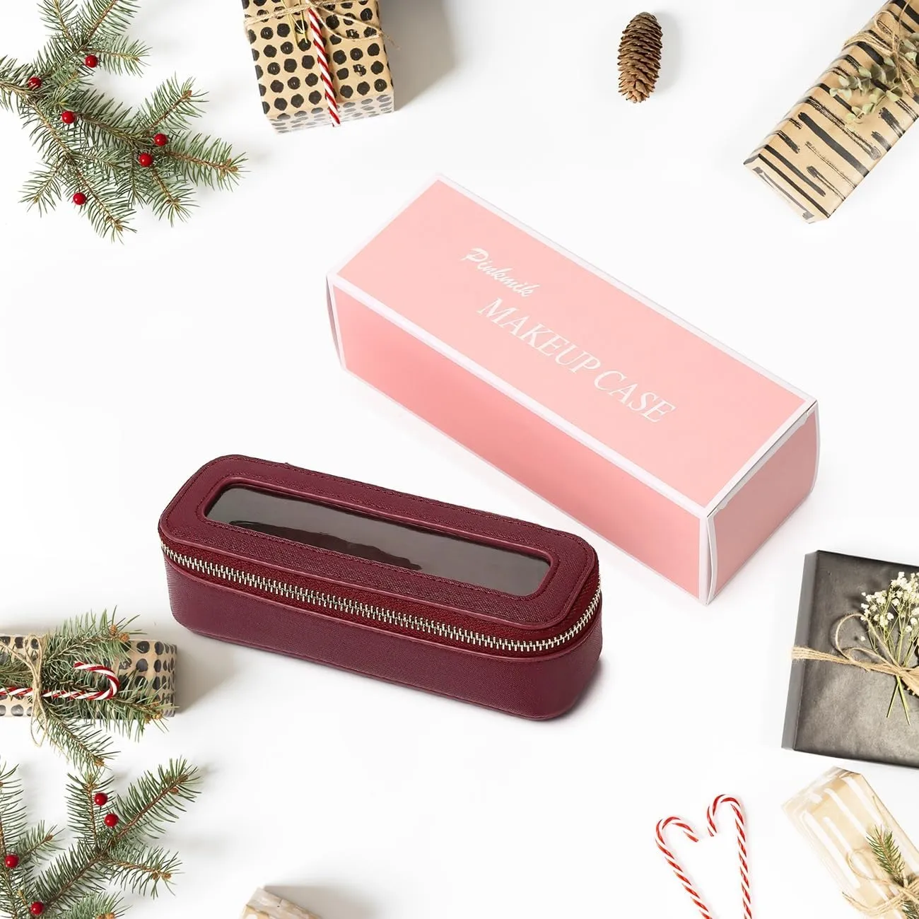 Makeup Brush Bag Slim Clear Makeup Bag Transparent Travel Cosmetic Case & Toiletry Bag with Zipper Small Beatuy Makeup Bag Purse Organizer for Women (X/Burgundy, SLIM)