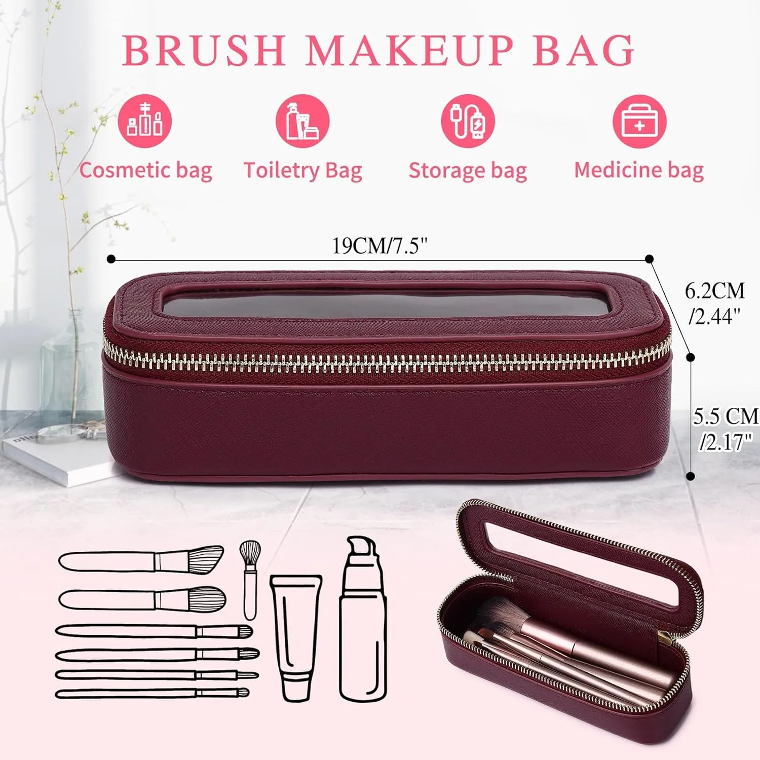 Makeup Brush Bag Slim Clear Makeup Bag Transparent Travel Cosmetic Case & Toiletry Bag with Zipper Small Beatuy Makeup Bag Purse Organizer for Women (X/Burgundy, SLIM)