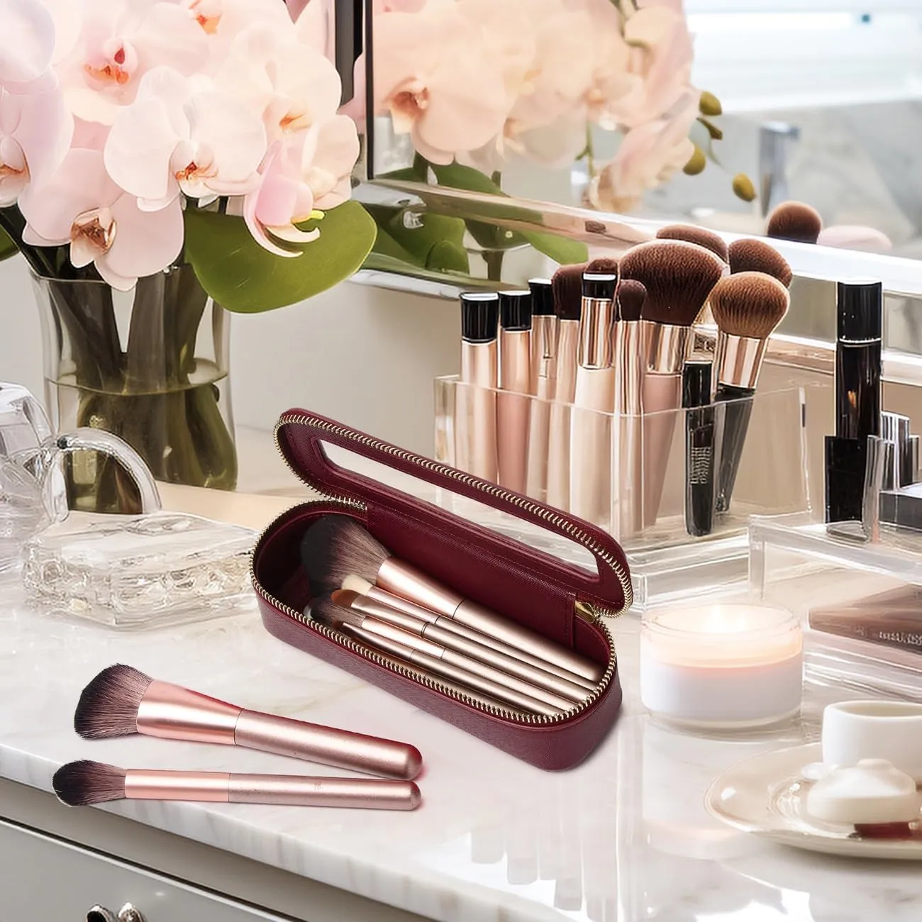 Makeup Brush Bag Slim Clear Makeup Bag Transparent Travel Cosmetic Case & Toiletry Bag with Zipper Small Beatuy Makeup Bag Purse Organizer for Women (X/Burgundy, SLIM)