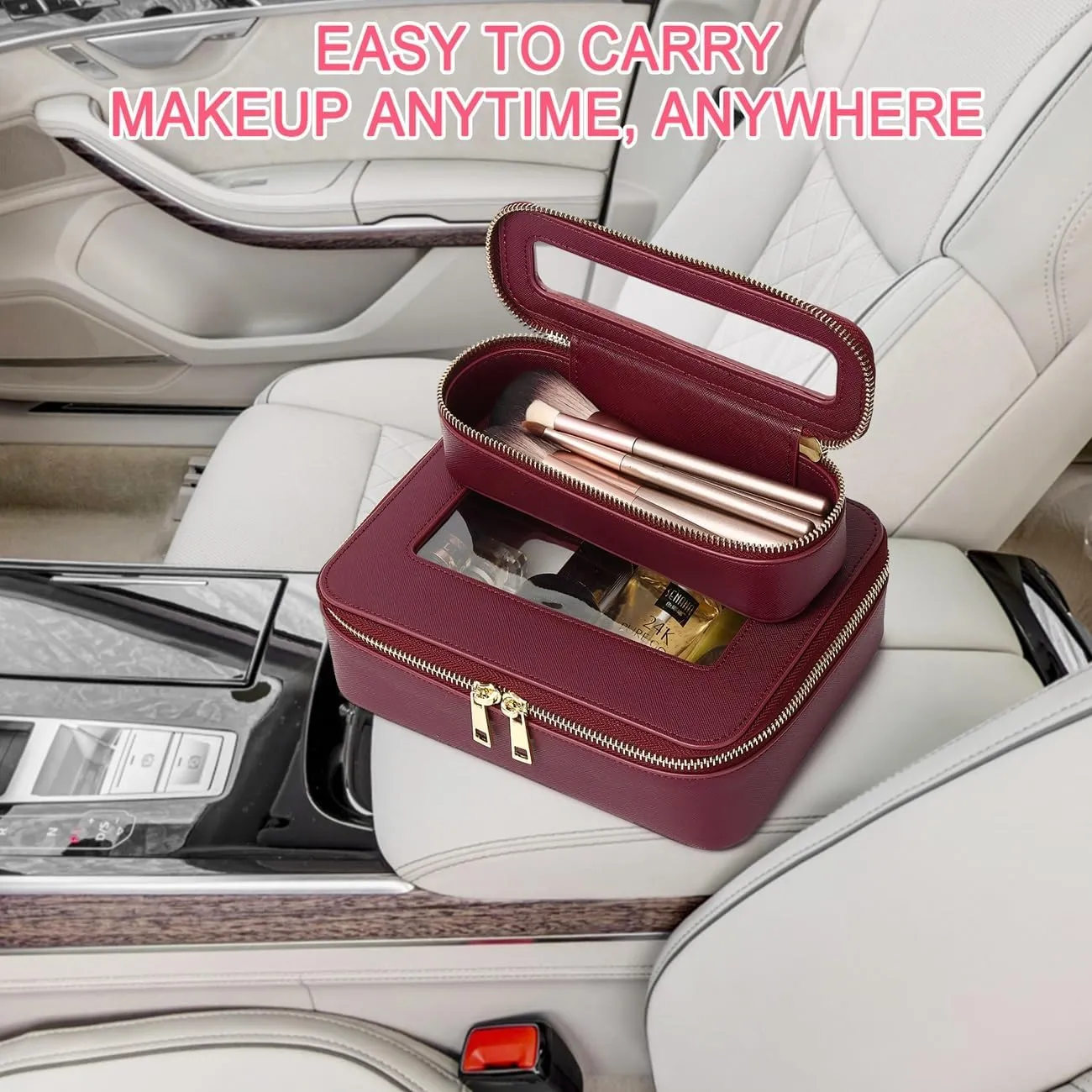 Makeup Brush Bag Slim Clear Makeup Bag Transparent Travel Cosmetic Case & Toiletry Bag with Zipper Small Beatuy Makeup Bag Purse Organizer for Women (X/Burgundy, SLIM)