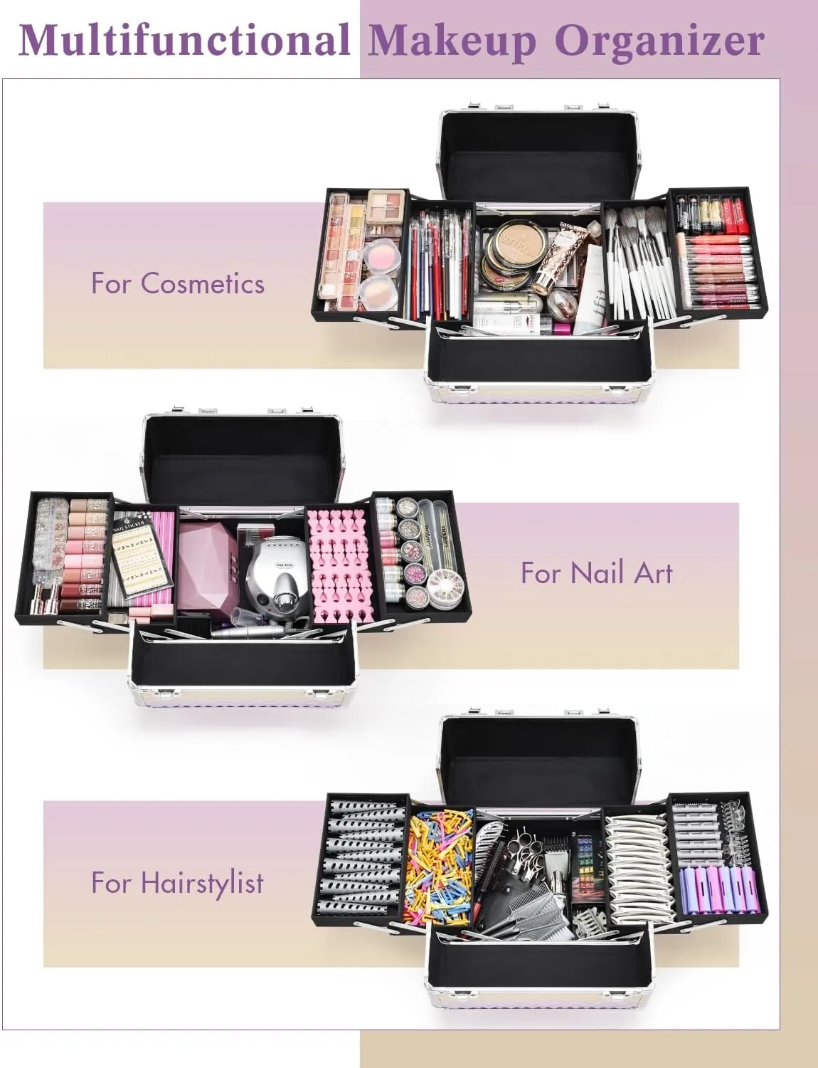 Makeup Case on Wheels, Rolling Train Case, 4-in-1 Makeup Trolley, Cosmetic Cases Makeup Travel Cart with Key for MUA, Hairstylists, Nail Tech, Gradient Purpple