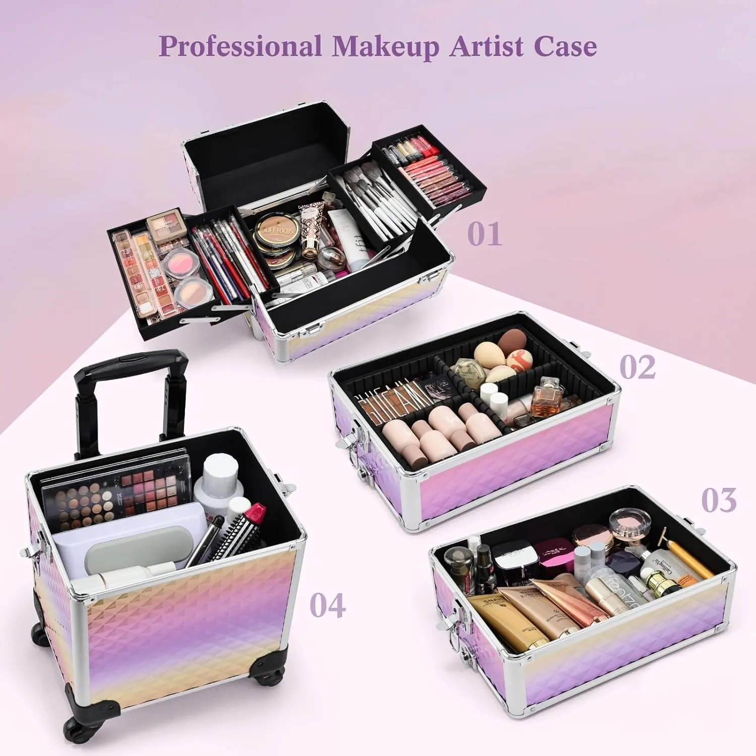Makeup Case on Wheels, Rolling Train Case, 4-in-1 Makeup Trolley, Cosmetic Cases Makeup Travel Cart with Key for MUA, Hairstylists, Nail Tech, Gradient Purpple