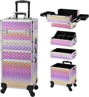 Makeup Case on Wheels, Rolling Train Case, 4-in-1 Makeup Trolley, Cosmetic Cases Makeup Travel Cart with Key for MUA, Hairstylists, Nail Tech, Gradient Purpple