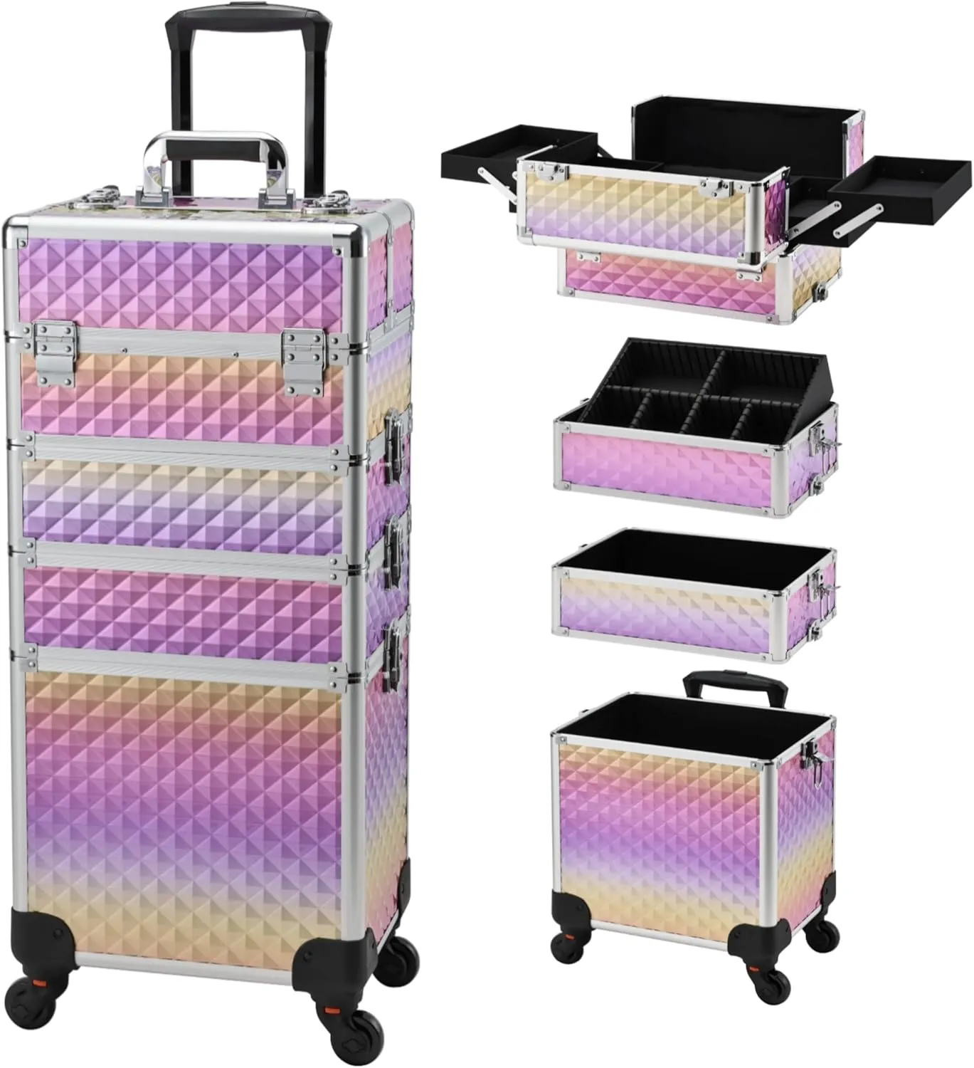 Makeup Case on Wheels, Rolling Train Case, 4-in-1 Makeup Trolley, Cosmetic Cases Makeup Travel Cart with Key for MUA, Hairstylists, Nail Tech, Gradient Purpple