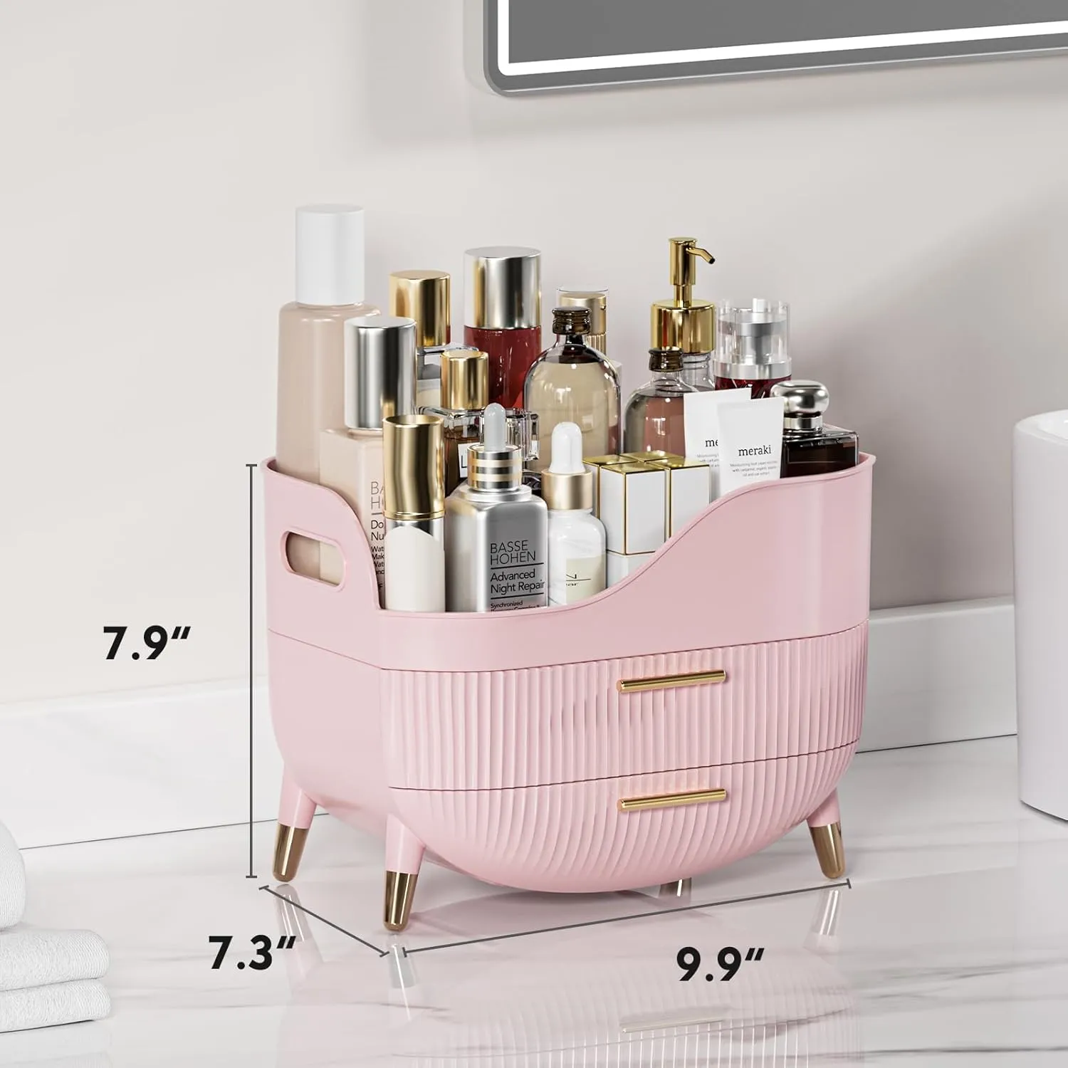Makeup Organizer for Vanity, Large Capacity Skincare Cosmetic Organizer Countertop with 2 Drawers, Cosmetic Display Cases Makeup Storage Box for Bedroom, Bathroom, Ideal Gifts for Women(Pink)