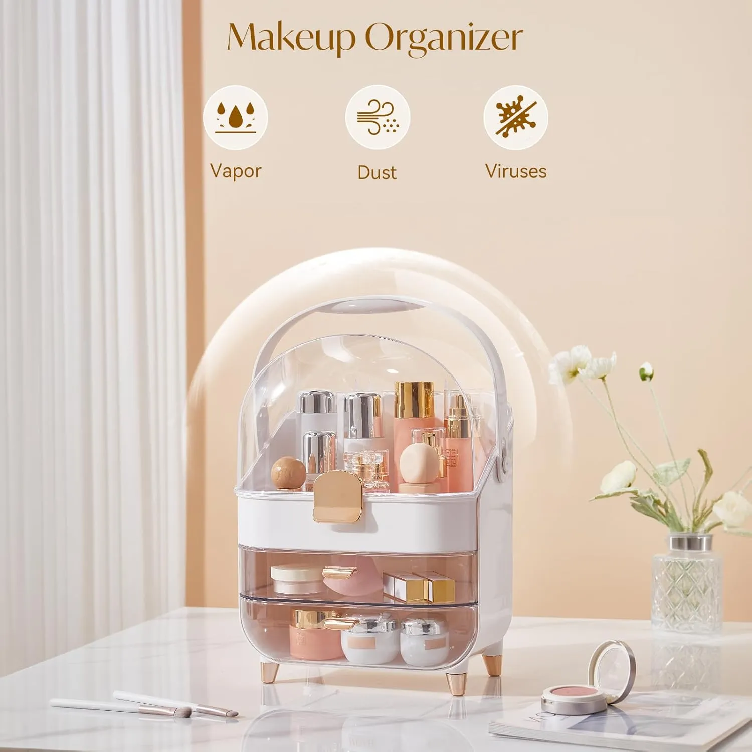 Makeup Storage Organizer with Lid, Waterproof Cosmetics Skincare Organizer for Vanity, Portable Makeup Storage Box for Countertop, Gifts, Women(Pearl White)