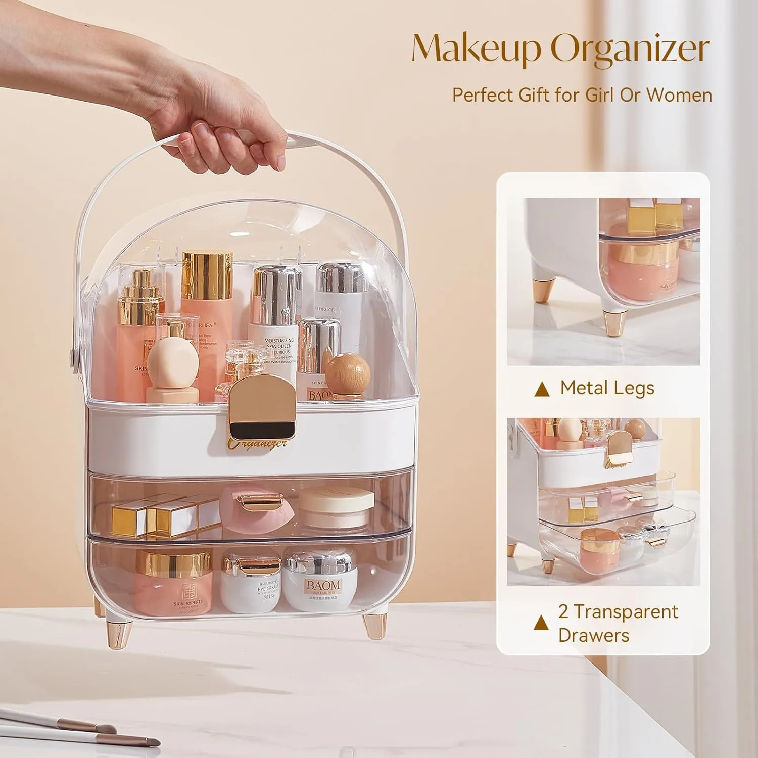 Makeup Storage Organizer with Lid, Waterproof Cosmetics Skincare Organizer for Vanity, Portable Makeup Storage Box for Countertop, Gifts, Women(Pearl White)