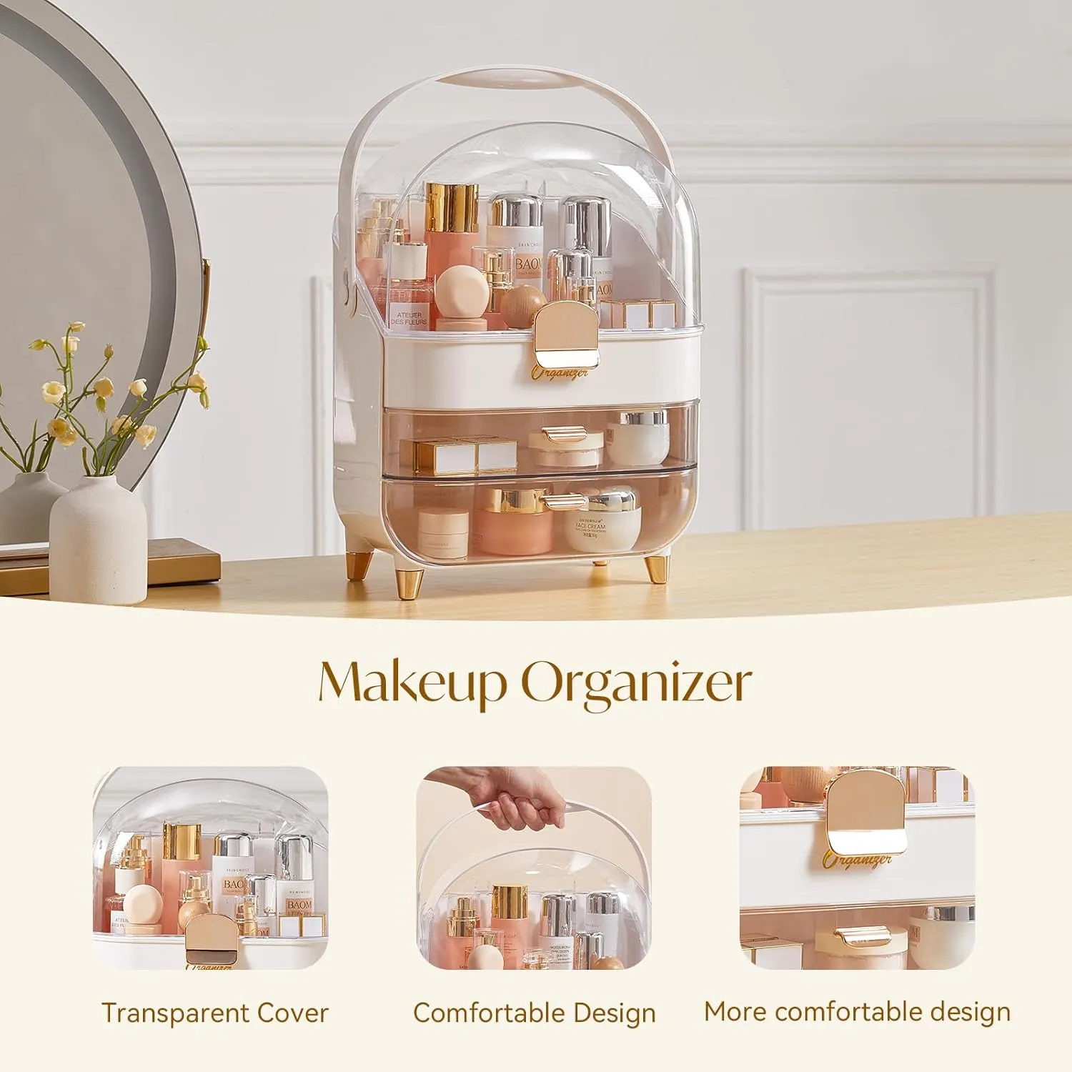Makeup Storage Organizer with Lid, Waterproof Cosmetics Skincare Organizer for Vanity, Portable Makeup Storage Box for Countertop, Gifts, Women(Pearl White)