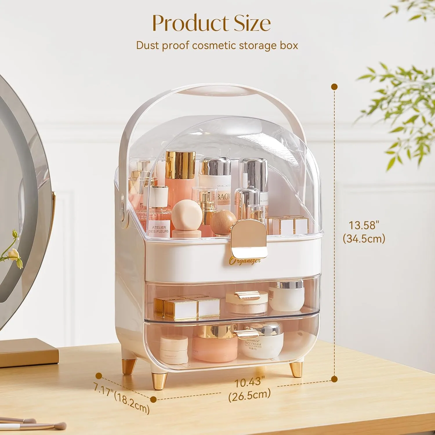 Makeup Storage Organizer with Lid, Waterproof Cosmetics Skincare Organizer for Vanity, Portable Makeup Storage Box for Countertop, Gifts, Women(Pearl White)