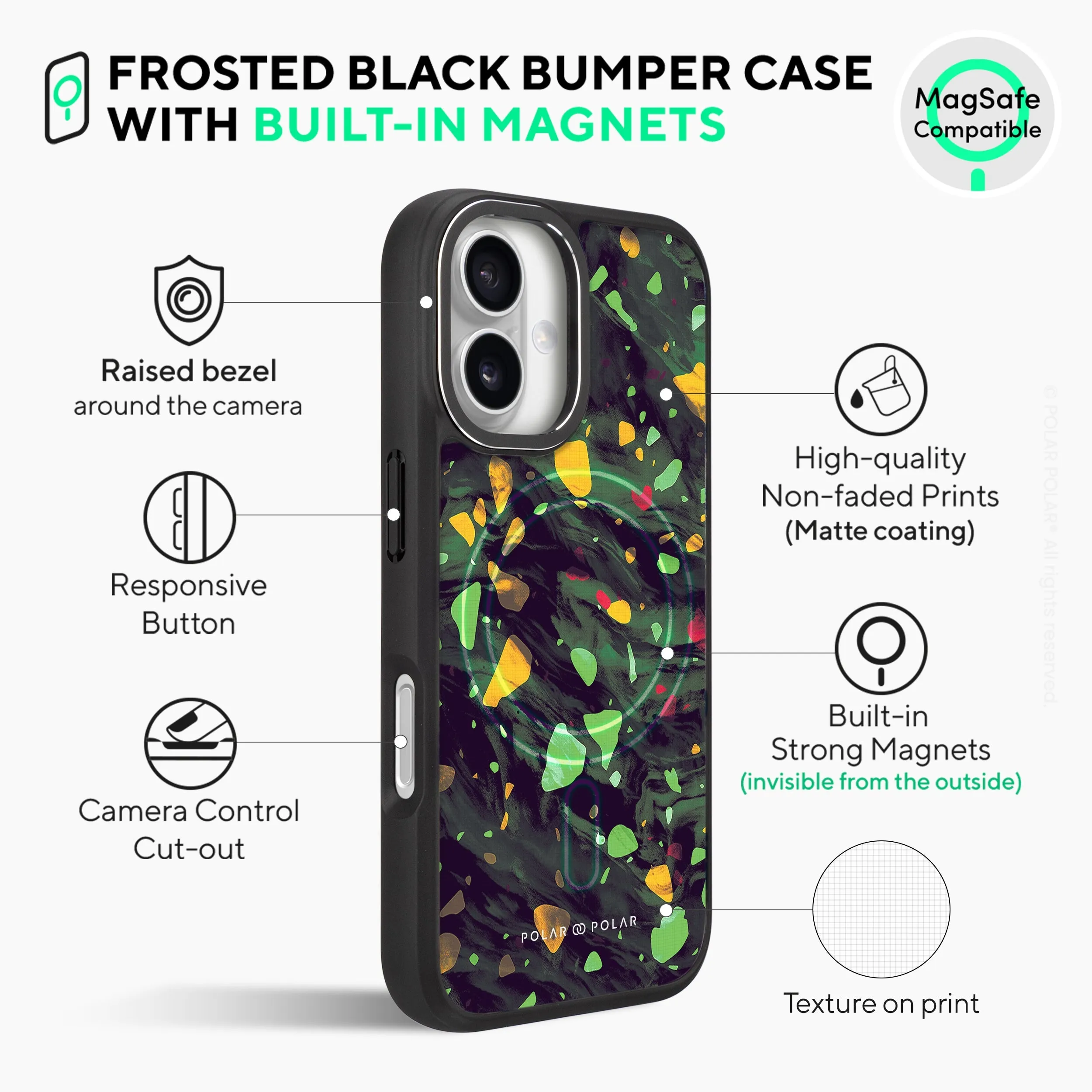 Malachite Terrazzo Gem - iPhone 16 Frosted Black Bumper MagSafe Case