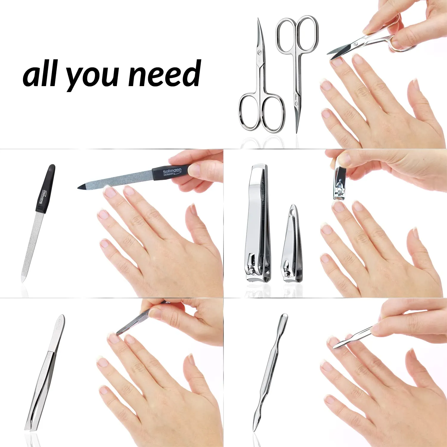 Manicure Set Solingen Made in Germany - 7 Piece Exclusive Finger & Toe Nail Clippers Kit for Women and Men in Vegan Leather Case, Color Jeans