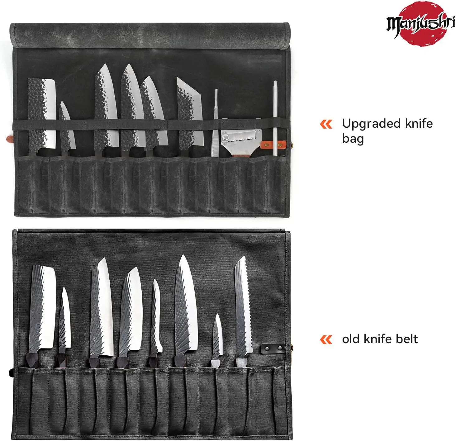 Manjushri Chef Knife 9 Pocket Canvas Roll Bag with Genuiene Leather Belt.