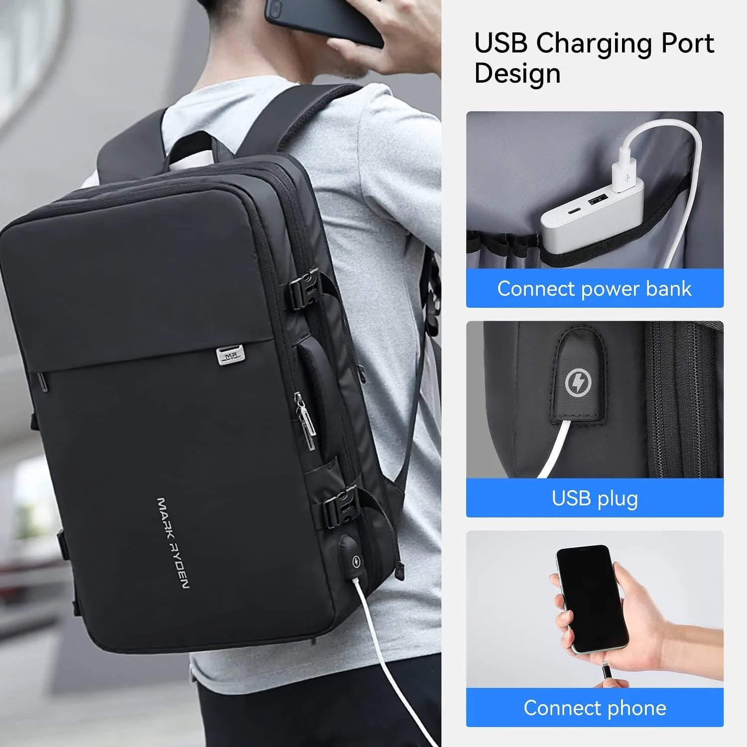 MARK RYDEN Travel Backpack for Men, 40L Airline Approved Carry on Backpack with USB Charging Port, 17.3 Inch Waterproof Business Laptop Backpack (12.6 x 8.0 x 19.6 Inch)