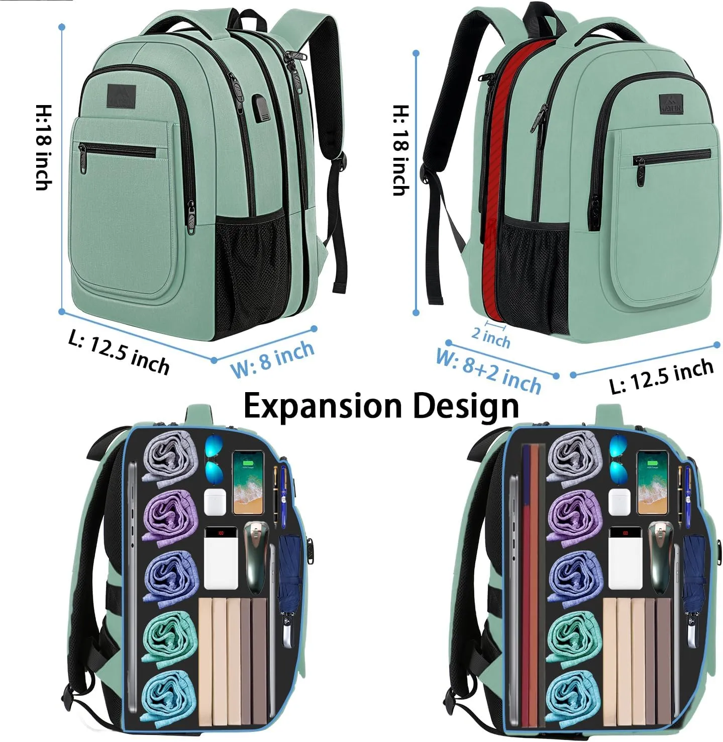 MATEIN Laptop Backpack for Women, Expandable 15.6 inch with USB Charging Port, Anti Theft Travel School Backpack, Water Resistant College Bookbag for Computer Bag Gifts for Men Women, Cyan