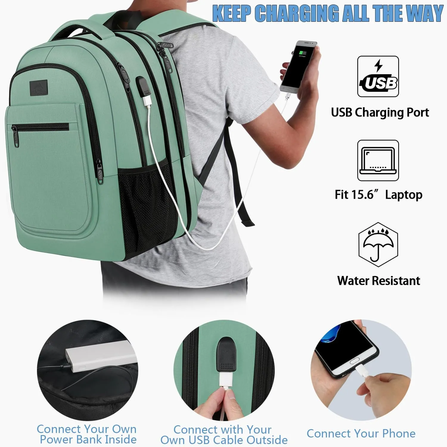 MATEIN Laptop Backpack for Women, Expandable 15.6 inch with USB Charging Port, Anti Theft Travel School Backpack, Water Resistant College Bookbag for Computer Bag Gifts for Men Women, Cyan
