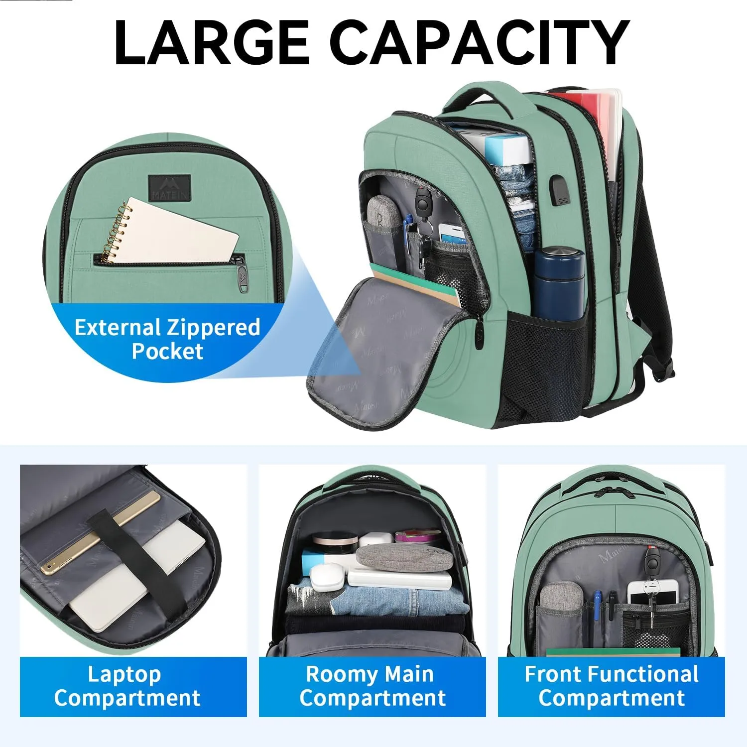 MATEIN Laptop Backpack for Women, Expandable 15.6 inch with USB Charging Port, Anti Theft Travel School Backpack, Water Resistant College Bookbag for Computer Bag Gifts for Men Women, Cyan