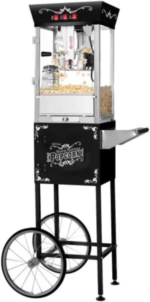 Matinee Popcorn Machine with Cart - 8oz Popper with Stainless-Steel Kettle, Warming Light, and Accessories by Great Northern Popcorn (Black)