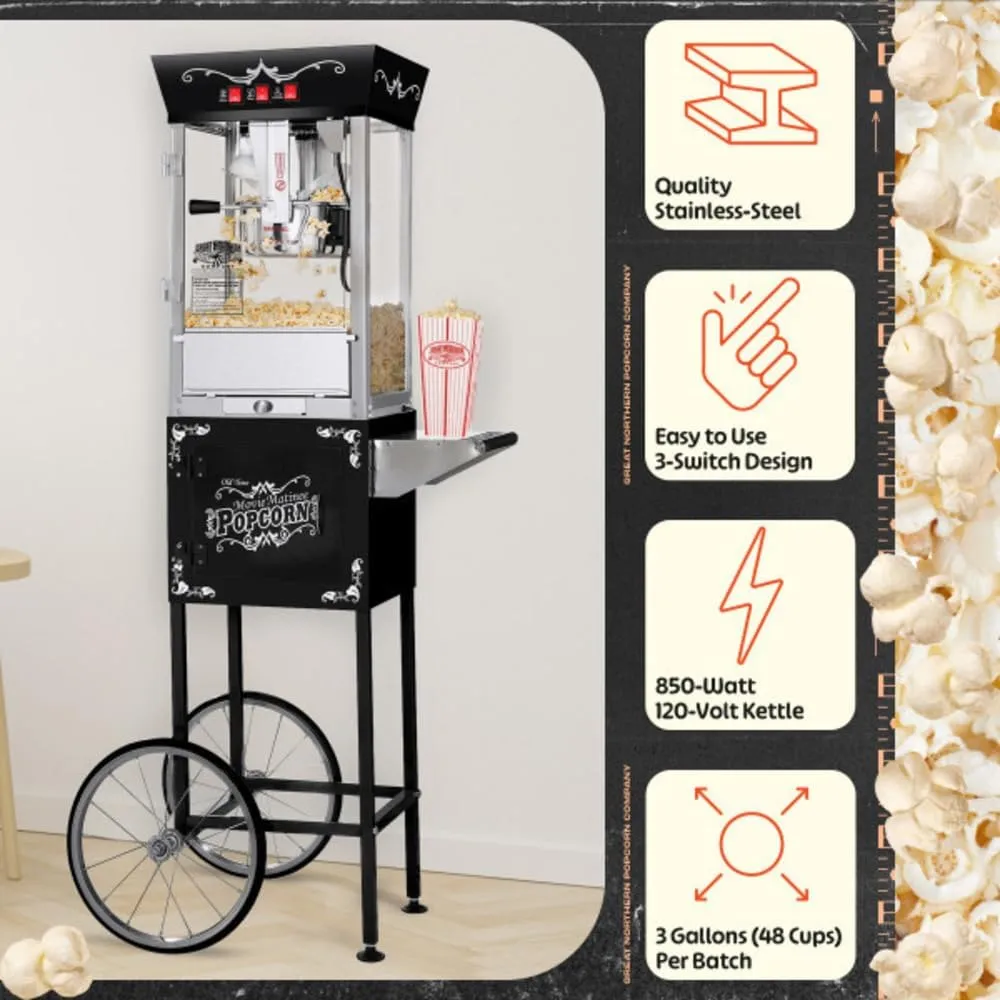 Matinee Popcorn Machine with Cart - 8oz Popper with Stainless-Steel Kettle, Warming Light, and Accessories by Great Northern Popcorn (Black)